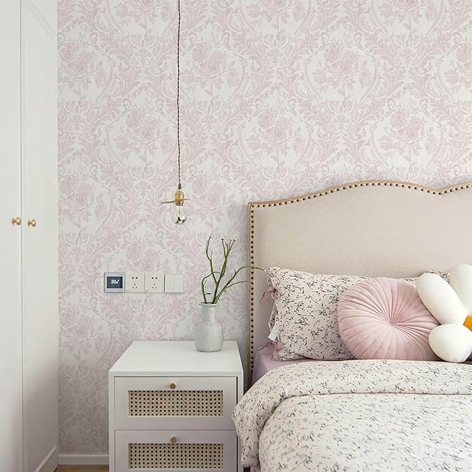 Ismoon Peel and Stick Wallpaper Vintage Floral Contact Paper Boho Watercolor Pink Damask Wallpaper Textured Removable Self Adhesive Vinyl Wall Paper for Bedroom, 17.3 in X 6.5 ft