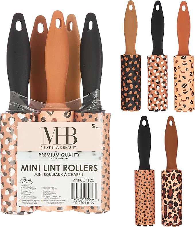 Expressions 5pc Mini Lint Rollers Value Pack - Colorful Compact Mini Lint Roller for Travel, Household Essentials Pet Hair Removal Tool & Lint Removers for Clothing (Brown)