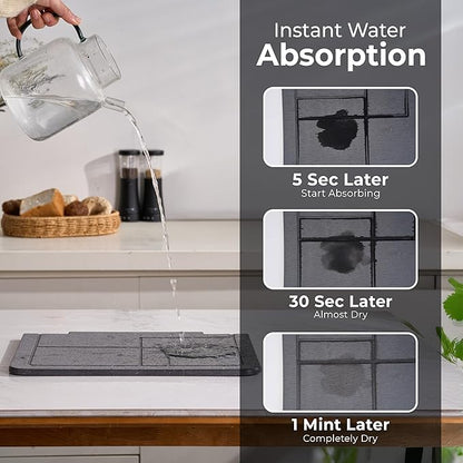 Large Stone Dish Drying Mat for Kitchen Counter, Dividable Quick Dry Stone Dishes Mats, Detachable Water Absorbing Diatomaceous Earth Drying Organizer Pad for Rack Bottles(Dark Gray 24"×16" & 8"x5")