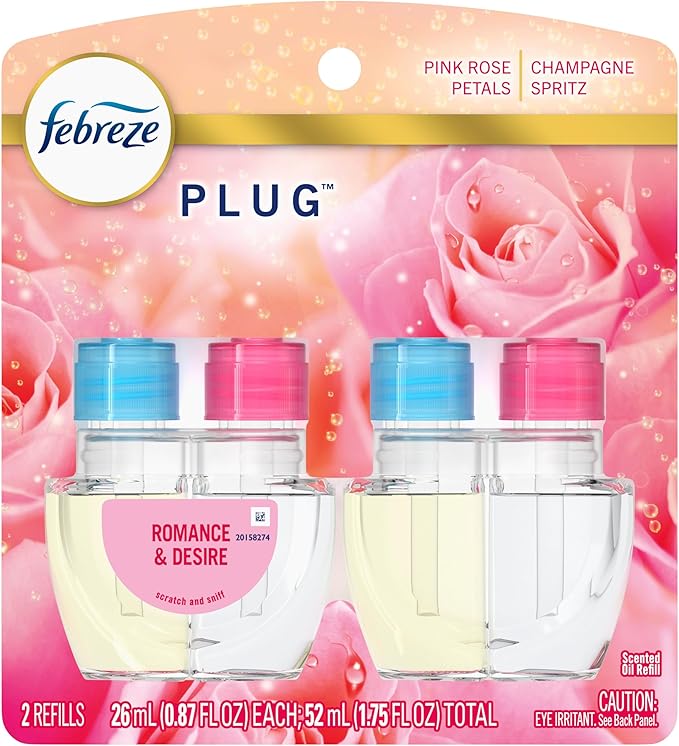 Febreze Plug In Air Freshener, Odor-Fighting Scented Oil Refill, Air Fresheners for Home and Bathroom and Kitchen, Long Lasting for Strong Odors, Romance & Desire Scent, 0.87oz Refills, 2 Count