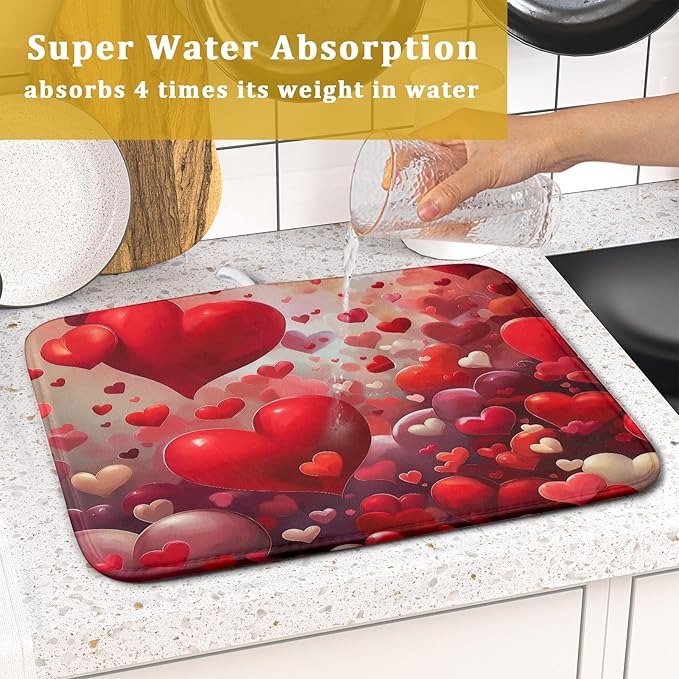 Valentines Day Dish Drying Mat for Kitchen Counter 18x16 Inch Red Heart Drying Mat with Absorbent Reversible Microfiber Holiday Love Dish Drainer Mats Rack Pad for Coffee Countertop Protector