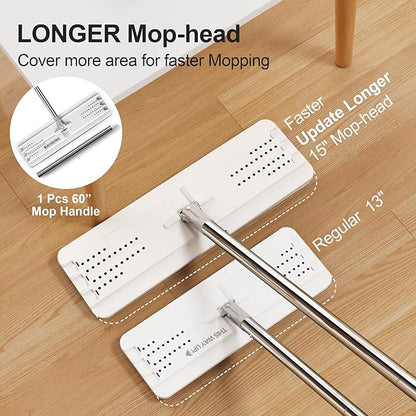 JOYMOOP Mop and Bucket Set for Floor Cleaning and Wall Cleaner, Flat Mop and Bucket System Set (White, White X-Large Bucket #5 + 60" Flat Mop + 3 Pads)