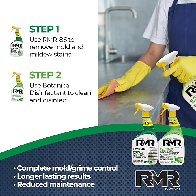 RMR Stain & Sanitation System –Instant Mold & Mildew Stain Remover + Botanical Disinfectant Cleaner, Indoor/Outdoor Cleaning Kit for Kitchens, Bathrooms, Furniture, Siding, & Deck, 2–32 Oz Bottles