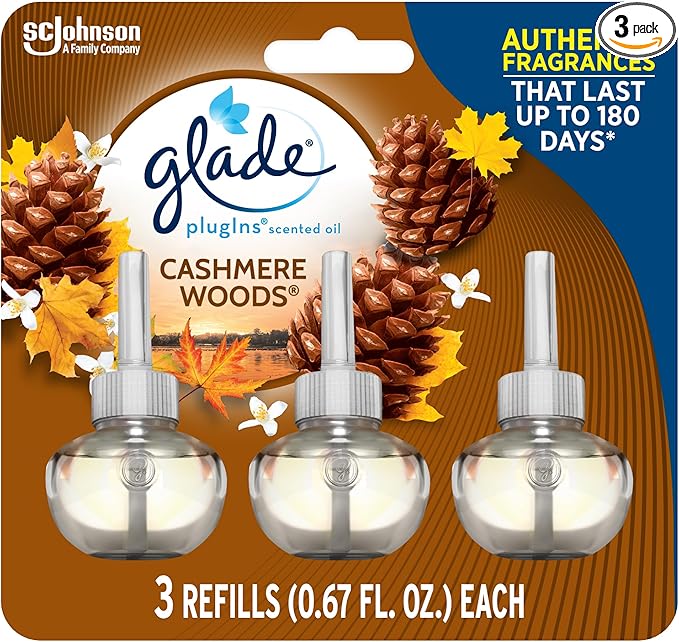 Glade PlugIns Refills Air Freshener, Scented and Essential Oils for Home and Bathroom, Cashmere Woods, 2.01 Fl Oz, 3 Count