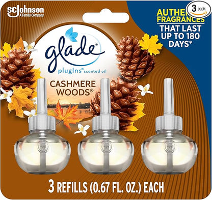 Glade PlugIns Refills Air Freshener, Scented and Essential Oils for Home and Bathroom, Cashmere Woods, 2.01 Fl Oz, 3 Count