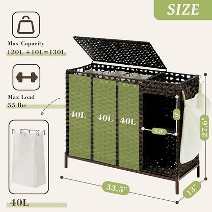 Laundry Hamper with Lid, 130L(34.4 Gal) Rattan Laundry Hamper 3 Section with 50L (13.2 Gal) Storage Shelf, Wicker Woven Laundry Sorter Basket with 4 Liner Bags and Handles, Brown GLH003BR
