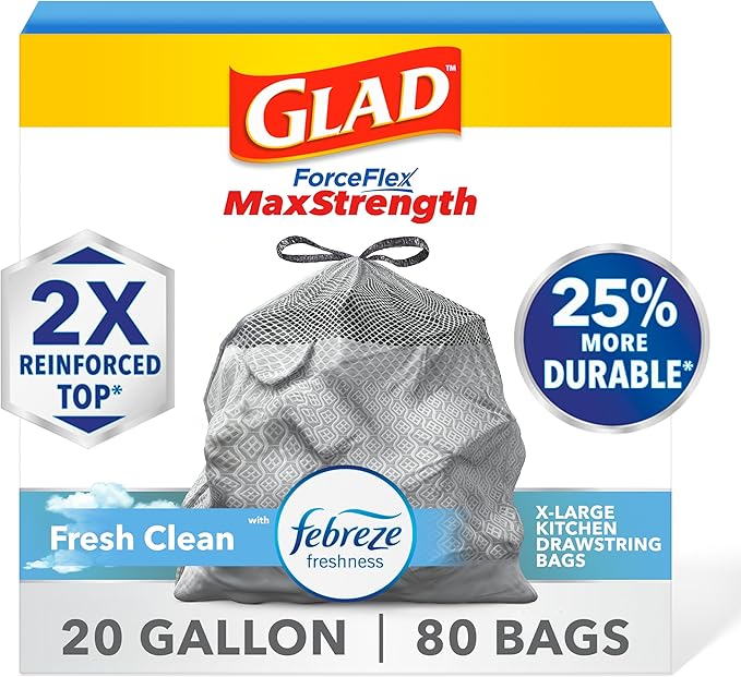 Glad ForceFlex MaxStrength XL Kitchen Trash Bags, 20 Gal, Fresh Clean, 80 Ct (Package May Vary)