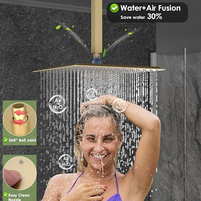 Enga Dual Shower Head Shower System with Body Jets, 12" Ceiling Mounted Rain Shower Head & 6" Wall Mounted Head Full Body Rainfall Shower Faucet with Valve Kit, Brushed Gold