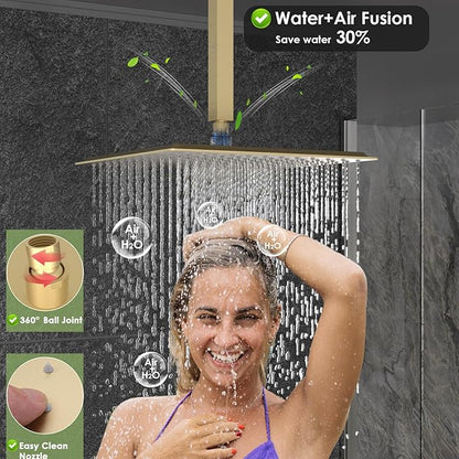 Enga Dual Shower Head Shower System with Body Jets, 12" Ceiling Mounted Rain Shower Head & 6" Wall Mounted Head Full Body Rainfall Shower Faucet with Valve Kit, Brushed Gold