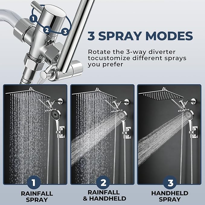 Shower Head, Rain Shower Head with Handheld Spray Combo, 8 Inch Adjustable High Pressure Rainfall Shower Head, Dual Showerhead Set with Extension Arm