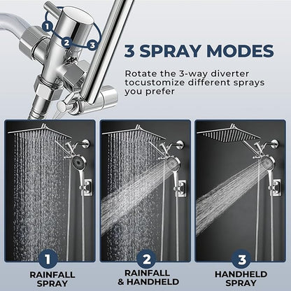 Shower Head, Rain Shower Head with Handheld Spray Combo, 12Inch Adjustable High Pressure Rainfall Shower Head, Dual Showerhead Set with Extension Arm