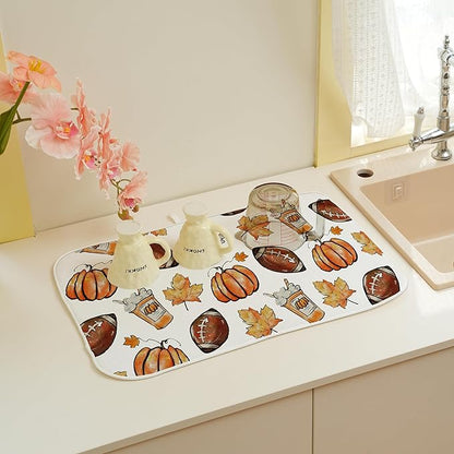 Fall Dish Drying Mat 18x24 Inches For Kitchen Counter Orange Baseball Pumpkin Kitchen Decoration Drying Mat Decorative Autumn Pumpkin Drying Pad for Home Kitchen,Dining Room Decor