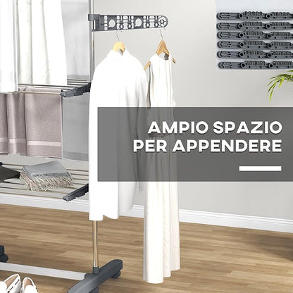 HOMCOM Folding Clothes Airer in Stainless Steel and Plastic, Space-Saving Vertical Drying Rack with 6 Wheels, Hooks and 3 Adjustable Shelves for Indoors, 142 x 55 x 152 cm, Silver Grey
