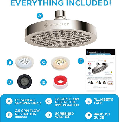 SparkPod Shower Head - High Pressure Rain - Premium Quality Luxury Design - Easy Clean Adjustable Replacement for Your Bathroom Shower Heads (Elegant Brushed Nickel, 6 Inch Round)