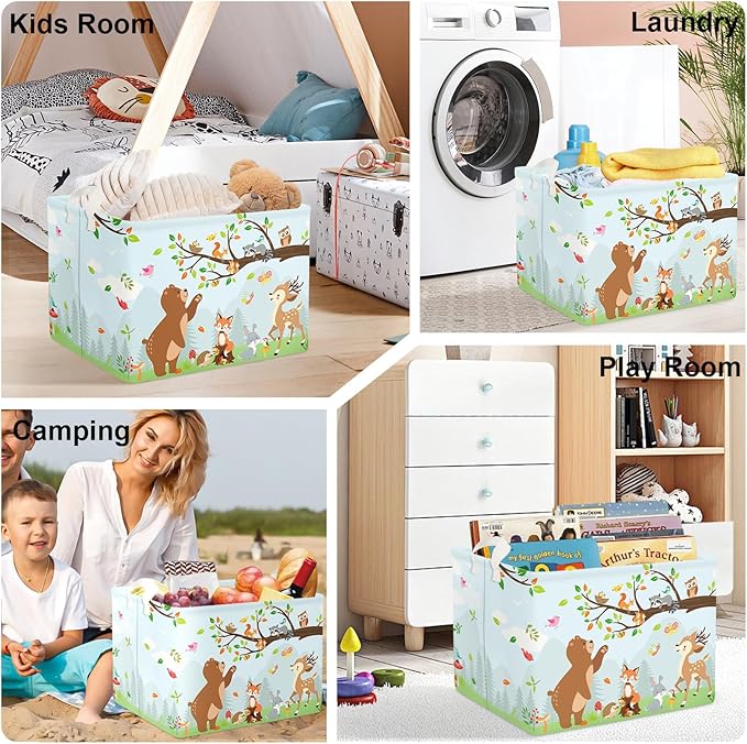 Forest Animals Laundry Hamper Woodland Tree Large Storage Basket Parents Organizer Kids Clothes Toy Bins for Bedroom, Bathroom, Hedgehog, 36L