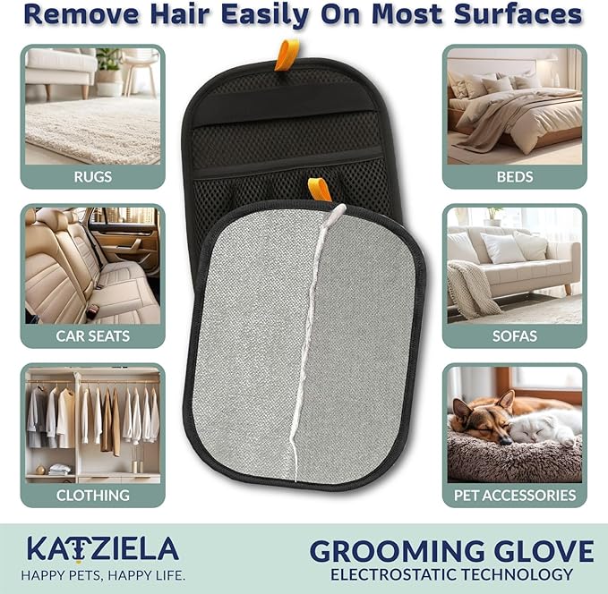 Katziela FurTidy Glove Pet Hair Remover Glove for Dogs & Cats, Reusable Electrostatic Grooming Mitt for Furniture, Clothing, Carpet & Car Seats – Washable & Eco-Friendly Deshedding Tool