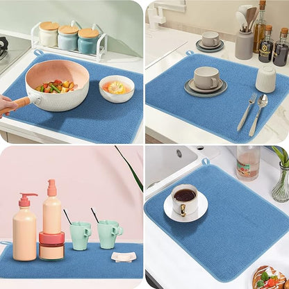 GeeRic Microfiber Dish Drying Mat, Super Absorbent Kitchen Dish Drying Pad for Mother's Day, Reversible Gift Mats for Countertop, 12 * 16 inch Blue