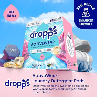 Dropps Activewear Laundry Detergent Pods, Rose Energy (64 Count) - Powerful Laundry Pods | Fights Sweat & Body Odors | For Synthetic Workout Clothes | Clean Ingredients | Plastic Free Packaging