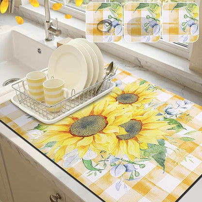 LOKHOM Dish Drying Mat for Kitchen Counter, 18"x24" Absorbent Coffee Bar Mat with Sunflowers, Vintage Floral Dish Drainer Rack Mat for Decoration
