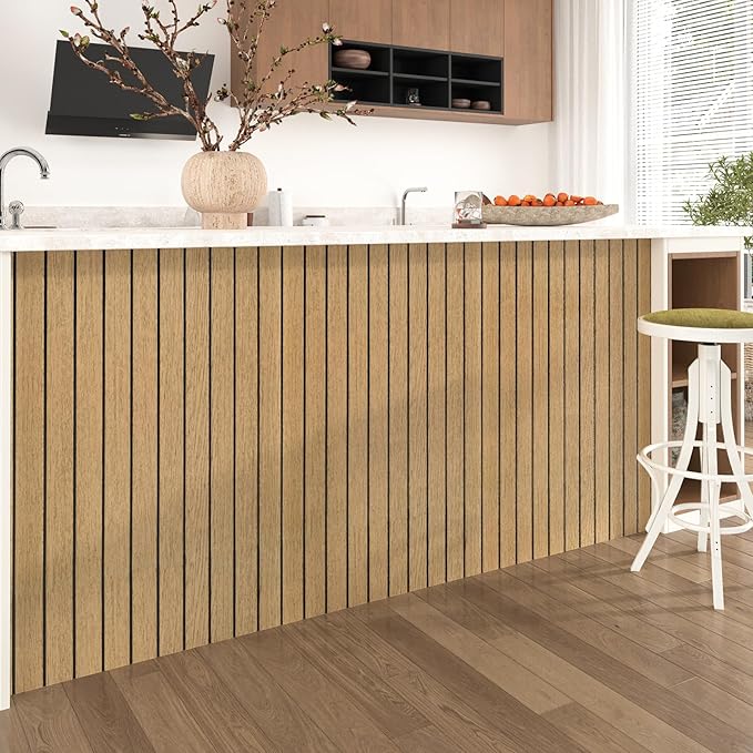 Wallercity Brown Wood Slat Wall Panels Peel and Stick 3D Slat Panel for Wall Decor Faux Self-Adhesive Soundproof Wooden Wallpaper for Livning Room Bedroom Waterproof Plank for Bathroom 11.7''x118''