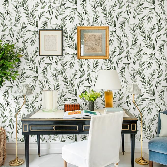 Livebor Green Leaf Wallpaper Peel and Stick Olive Leaf Contact Paper 17.7inch x 393.7inch Green Peel and Stick Wallpaper Modern Farmhouse Wall Paper for Bathroom Neutral Sage Decorative Vinyl