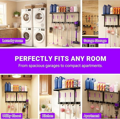 Heavy Duty Broom Holder Wall Mount with Cleaning Supplies Organizer, Space-Saving Laundry Room Organization and Storage Shelves, All-Metal Mop Hanger Broom Rack with Hooks, Garage Organizer Shelf
