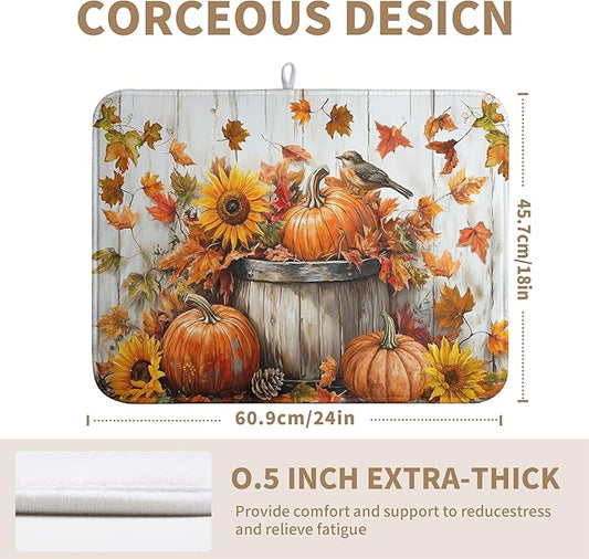 Fall Dish Drying Mat for Kitchen Counter Pumpkin Sunflower Maple Leaf Birds Drying Mats Autumn Thanksgiving Harvest Dish Drainer Mat Absorbent Microfiber Dishes Pad Large 18x24 Inch