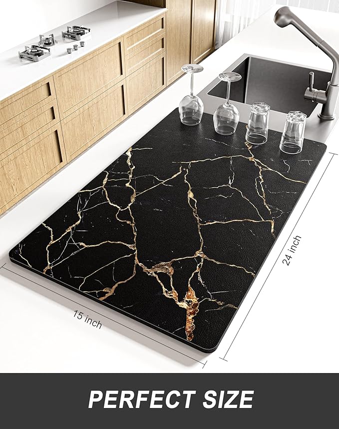 Rnivvi Dish Drying Mat for Kitchen Counter, XL 15 x 24" Cute Marble Absorbent Draining Pad, Non-Slip Heat Resistant Coffee Bar Mats for Coffee Machine Station Accessories, Black Gold Dish Rack Pad