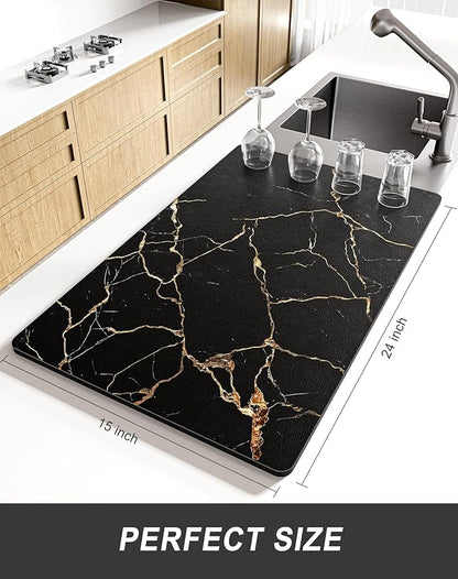 Rnivvi Dish Drying Mat for Kitchen Counter, XL 15 x 24" Cute Marble Absorbent Draining Pad, Non-Slip Heat Resistant Coffee Bar Mats for Coffee Machine Station Accessories, Black Gold Dish Rack Pad