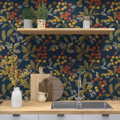 Laatse Navy Blue Floral Wallpaper Peel and Stick, Vintage Contact Paper 17.5" x 118", Dark Leaf Botanical Boho Wall Paper Self Adhesive Waterproof Removable for Room Shelve Cabinet Drawer Table Decor