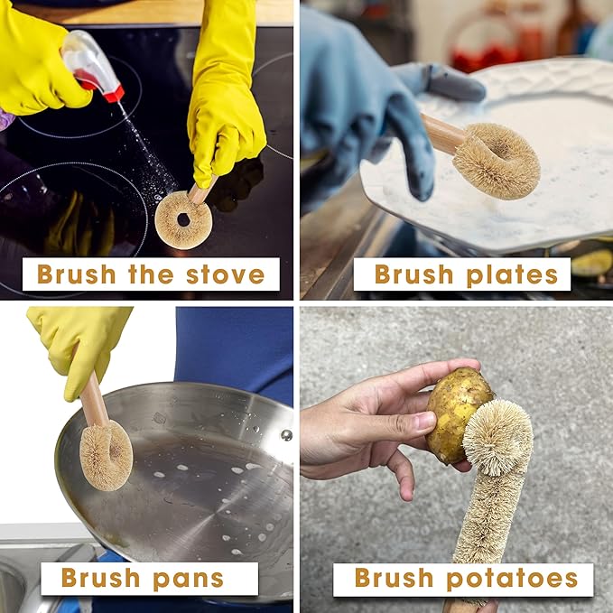 2PCS Coconut Brush Fiber Bottle Wooden Cleaning Brush, Scrub Head for Deep Pan Cleaning Washing, Sturdy Eco-Friendly with Natural Wood Handle Holder, Bristle Scrubber Set for Kitchen Dishes Vegetable