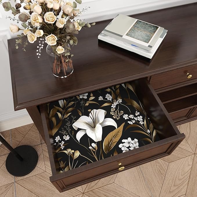 Laatse Black White Floral Wallpaper Peel and Stick, Dark Gold Vintage Contact Paper 17.5" x 393", Golden Botanical Wall Paper Self Adhesive Removable Waterproof for Bedroom Cabinet Drawer Table Decor