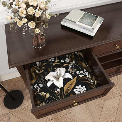 Laatse Black Gold Wallpaper Peel and Stick, Dark White Floral Vintage Contact Paper 17.5" x 197", Golden Botanical Wall Paper Self Adhesive Removable Waterproof for Bedroom Shelf Drawer Table Decor