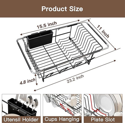 Over the Sink Expandable Dish Drainer Drying Rack In Stainless Steel for Small Kitchen, Counter Space Saving Modern Compact Metal Above Plate Dryer Strainer, Adjustable Hanging Inside Drain Holder