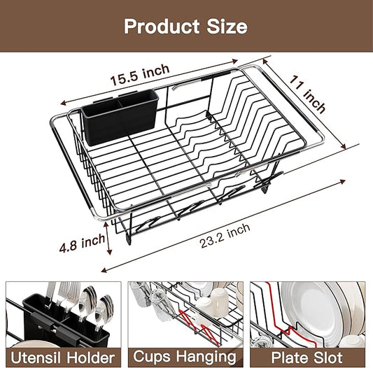 Over the Sink Expandable Dish Drainer Drying Rack In Stainless Steel for Small Kitchen, Counter Space Saving Modern Compact Metal Above Plate Dryer Strainer, Adjustable Hanging Inside Drain Holder