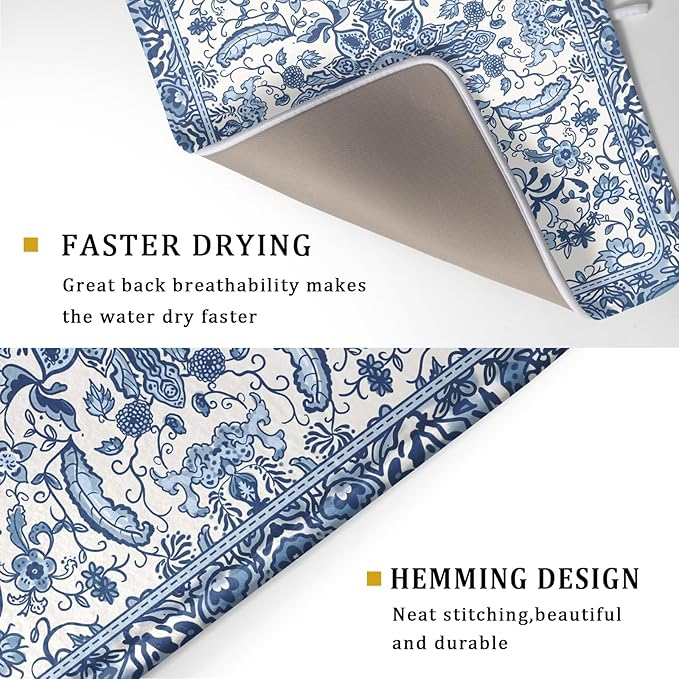 Chinoiserie Floral Dish Drying Mat for Kitchen Counter Blue and White Flowers Pattern Dish Drying Pad 18”x24”Absorbent Reversible Seasonal Decor Dishes Drainer Pad Dish Dry Rack Mat for Counter top
