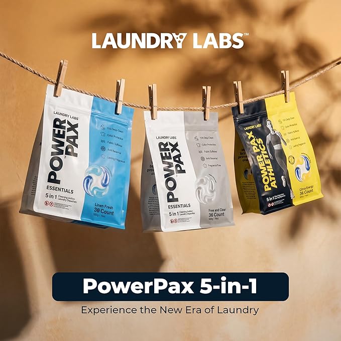PowerPax 5-in-1 Laundry Detergent Pods, 36 Count Concentrated Enzyme Clean pods for Stain Removal, Odor Control, Fabric Softening & Color Care, Free & Clear