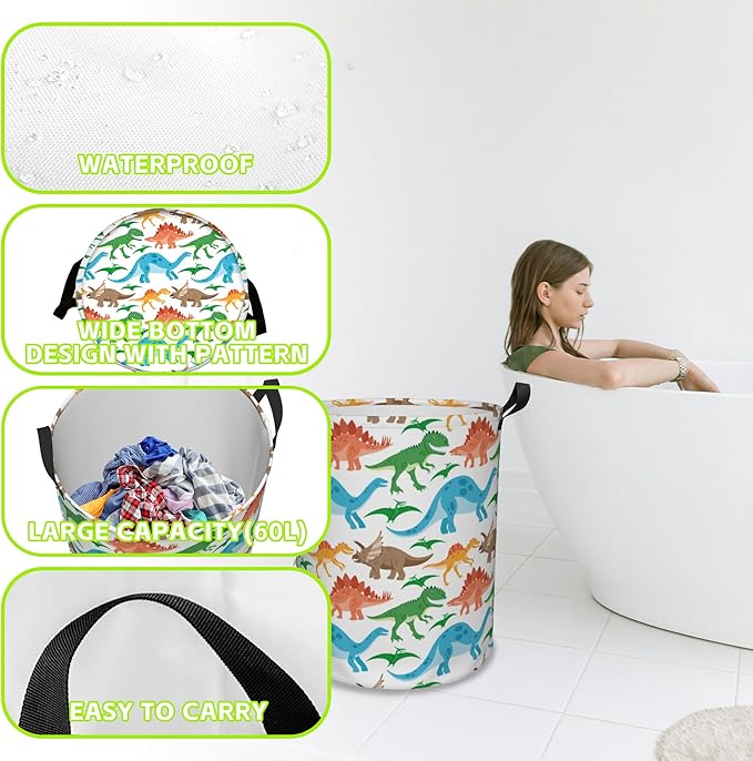 Laundry Basket Cute Dinosaurs Laundry Hamper Large Laundry Basket Storage Basket Tote Bag Collapsible Organizer Basket for Bathroom,Laundry,Bedroom 17.3 x16.5 Inch