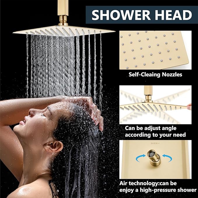 Aolemi Ceiling Mount Shower System Rain Shower Head with Handheld Spray High Pressure Shower Faucet Set Rough-in Valve Shower Trim Kit Included Bathroom Brushed Gold 10 Inch Ceiling Shower Head