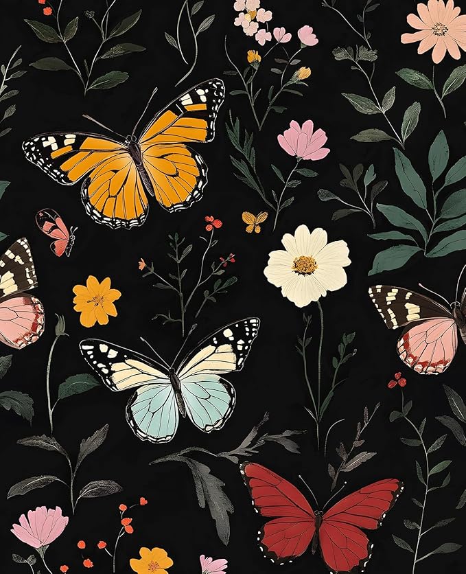 Dark Butterfly Wallpaper Peel and Stick, Vintage Black Butterfly Floral Self Adhesive Removable Wall Paper for Nursery Bedroom Cabinet, Vinyl Boho Colorful Contact Paper Decor 17.5In x 118In