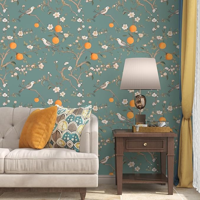 Green Floral Wallpaper Peel and Stick, Birds & Orange Fruits Contact Paper 17.5" x 393.7",Vintage Botanical Boho Wall Paper Self Adhesive Waterproof Removable for Room Shelves Cabinet Drawer Table