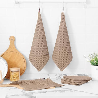 Kitinjoy 100% Cotton Kitchen Dish Cloths (12 X 12 Inches, Tan), 8 Pack Waffle Weave Ultra Soft Absorbent Dish Towels for Drying Dishes Quick Drying Kitchen Towels Dish Rags