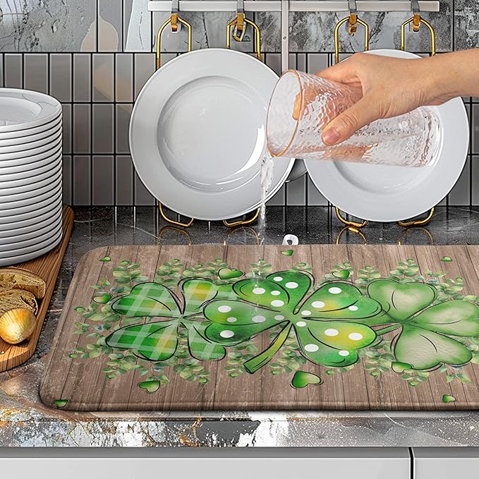 St Patricks Day Wooden Plank Texture Shamrock Dish Drying Mat St Patrick Eucalyptus Leaves Clover Dish Drying Pad for Kitchen Counter Absorbent Microfiber Dishes Drainer Rack Mats 18x24 Inch