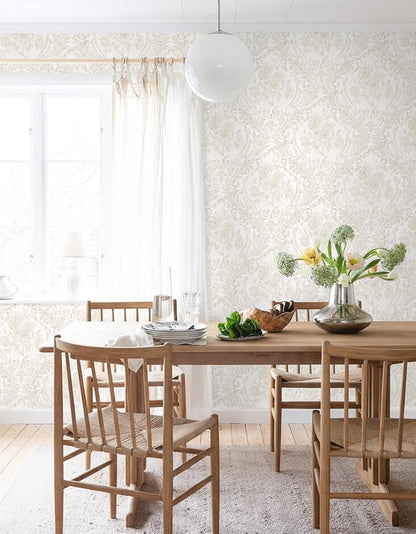 Ismoon Floral Peel and Stick Wallpaper Vintage Beige Contact Paper Boho Watercolor Damask Wall Paper Textured Removable Self Adhesive Vinyl Wallpaper for Cabinet Bedroom Wall Decor, 17.3x196in