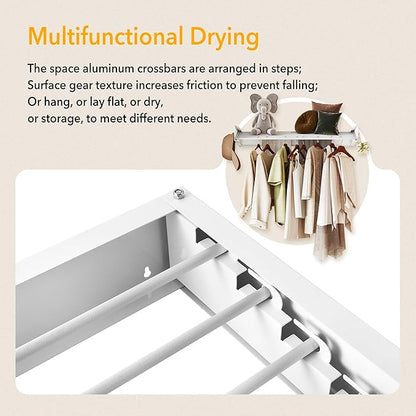 LIENAHU Upgrade Drying Rack Clothing,Clothes Drying Rack Wall Mounted,Laundry Drying Rack Wall Mount,Foldable,Collapsible,Retractable,6 Aluminium Poles,with Hooks,(White 35.5"