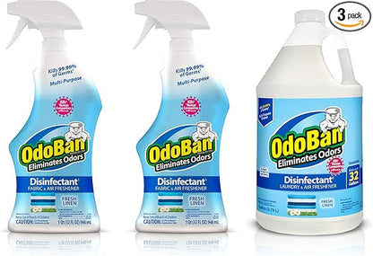 OdoBan Ready-to-Use Disinfectant and Odor Eliminator, Made in the USA, Fresh Linen Scent, Set of 3, 2 Spray Bottles, 32 Ounces Each and 1 Gallon Concentrate