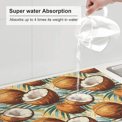 Coconuts Pattern Dish Drying Mats for Kitchen Counter, Absorbent Reversible Microfiber Dish Drying Pad, Multi-Use Large Drying Mat Coffee Bar Accessories 18"x24"