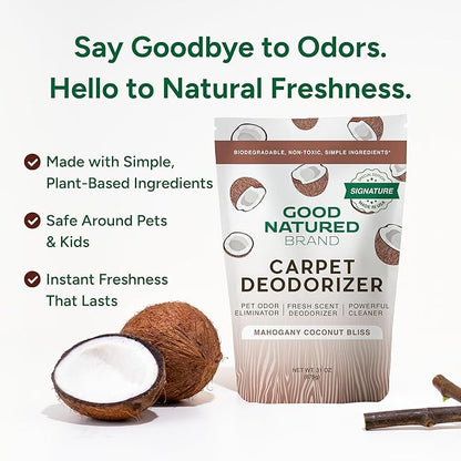 Good Natured Brand | Carpet Deodorizer & Freshener Powder | 31 oz Pet Odor Eliminator for Strong Odor & Pet Urine | Fresh Natural Mahogany Coconut Bliss Scent | Safe for Homes with Pets