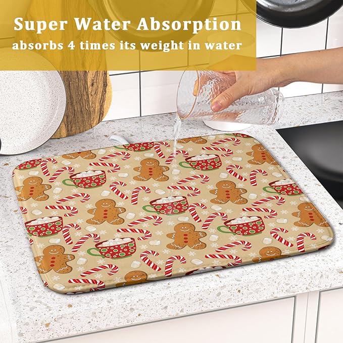 Christmas Gingerbread Man Dish Drying Mat for Kitchen Counter 16x18 Xmas Candy Cane Winter Holiday Theme Absorbent Reversible Microfiber Drying Mats Kitchen Countertop Protector Dishes Drainer Pad