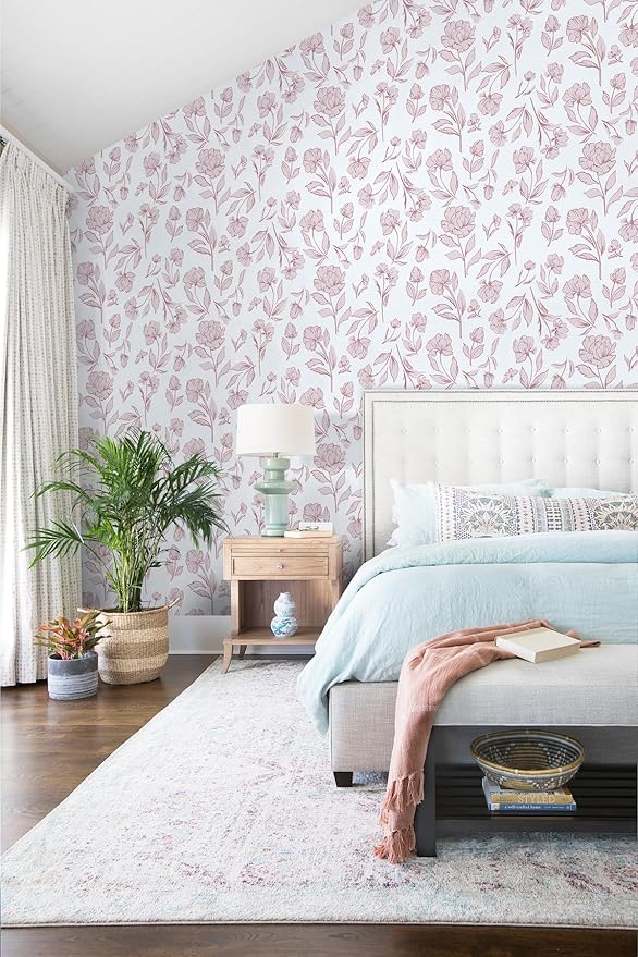Timeet White and Pink Floral Wallpaper Peel and Stick Modern Removable Self-Adhesive Wall Paper for Bedroom Bathroom Vintage Contact Paper Vinyl Film 17In×78.7In